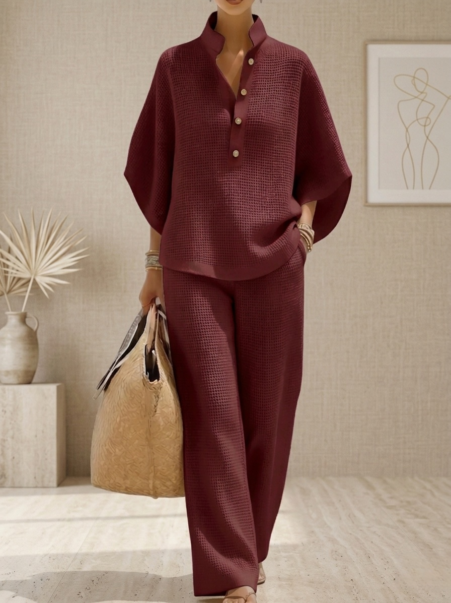 New Arrivals🔥 Women's Waffle Two-Piece Set Casual Shirt & Wide Leg Pants Outfit
