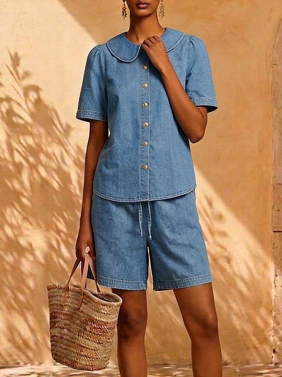 New Arrivals🔥 Stylish Peter Pan Collar Short Shirt and Wide-leg Short Pant Denim Two-piece Set