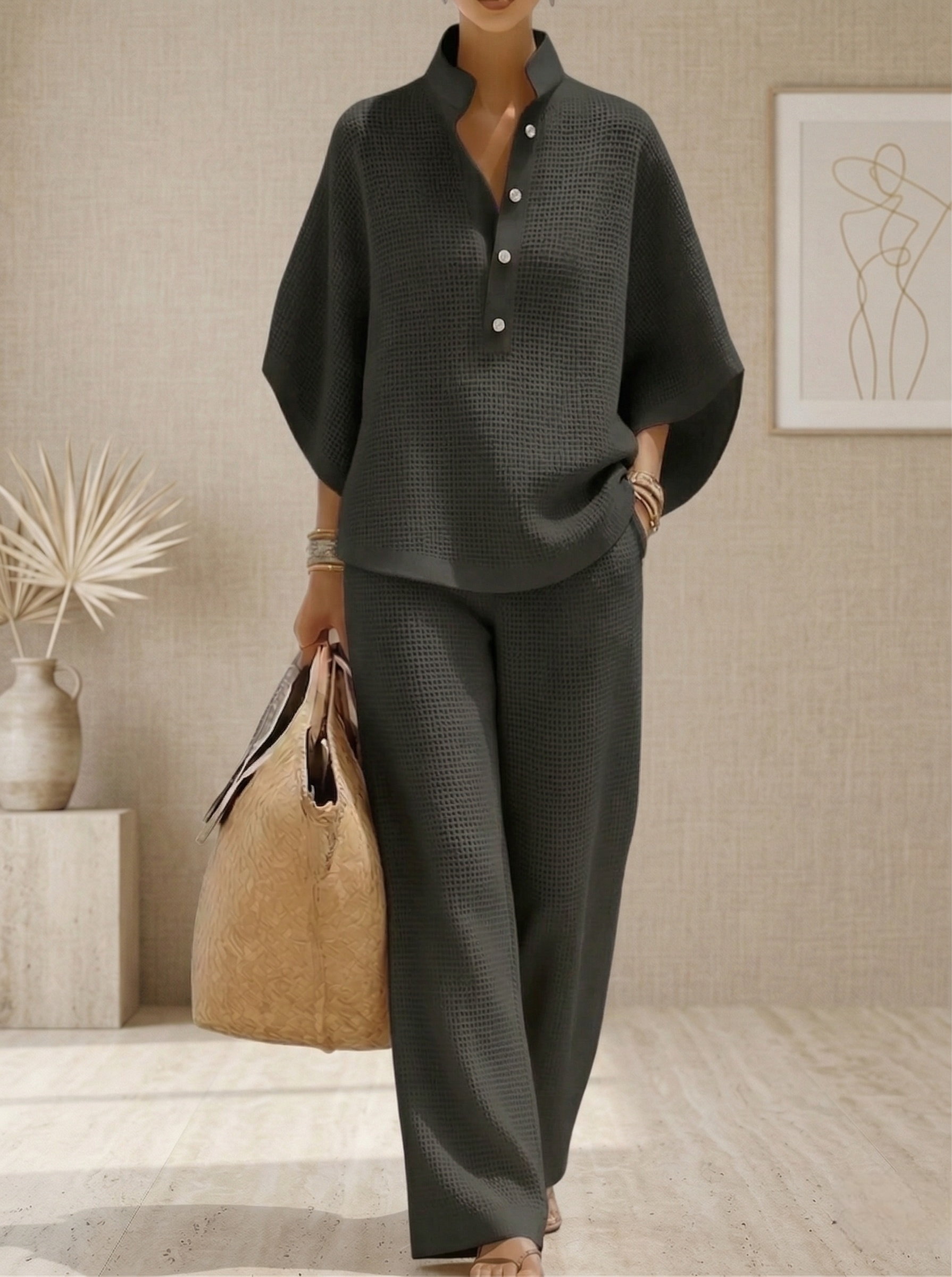 New Arrivals🔥 Women's Waffle Two-Piece Set Casual Shirt & Wide Leg Pants Outfit