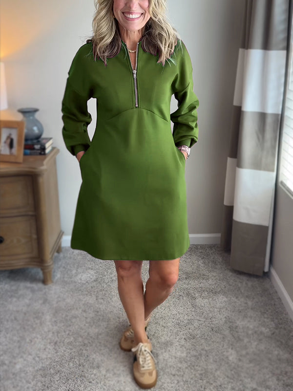 NEW🔥 Cotton Crew Neck Zip Pocket Dress