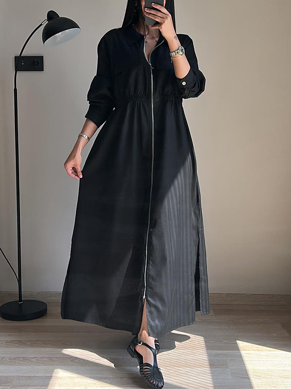 CLEARANCE🔥 Lapel Zipper Elastic Waist Pocket Dress