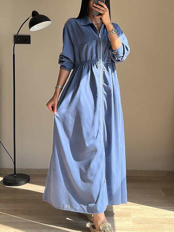 CLEARANCE🔥 Lapel Zipper Elastic Waist Pocket Dress