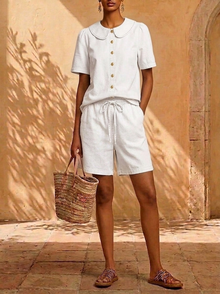 New Arrivals🔥 Stylish Peter Pan Collar Short Shirt and Wide-leg Short Pant Denim Two-piece Set