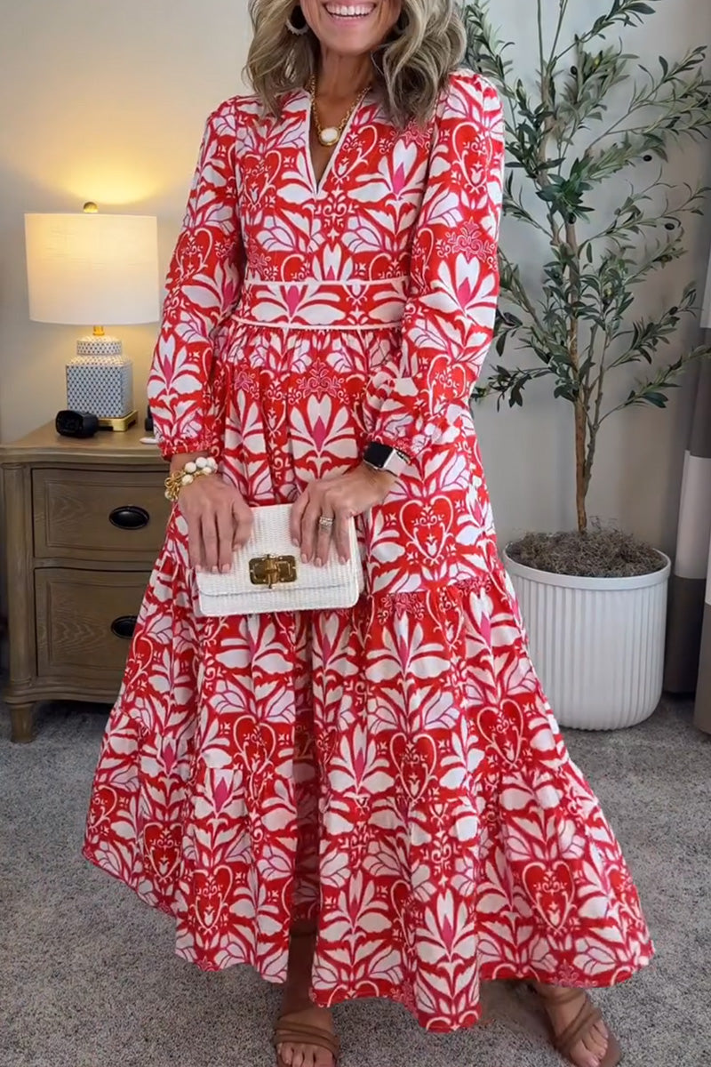 NEW🔥 Spring Long Sleeve V Neck Printed Party Dress