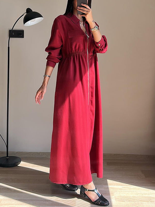 CLEARANCE🔥 Lapel Zipper Elastic Waist Pocket Dress