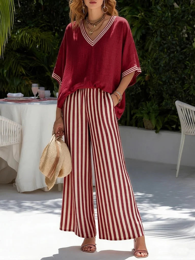 New Arrivals🔥 Cozy Loose-fit V Neck Striped Cotton Linen Two-piece Set