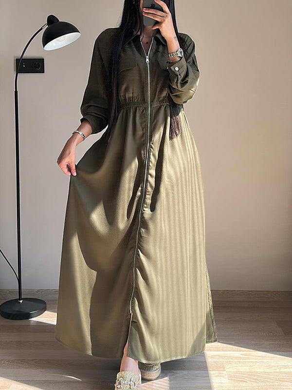 CLEARANCE🔥 Lapel Zipper Elastic Waist Pocket Dress