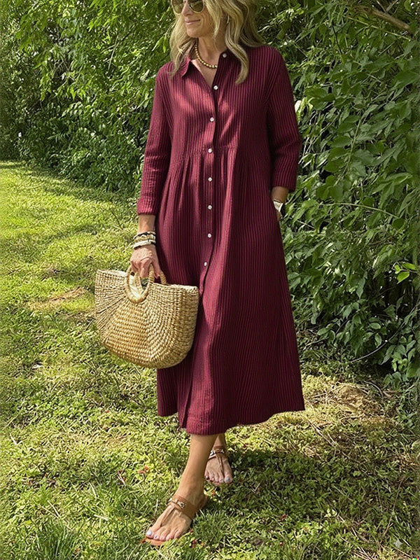 NEW🔥 Long Sleeve Striped Lapel Button Down Dress