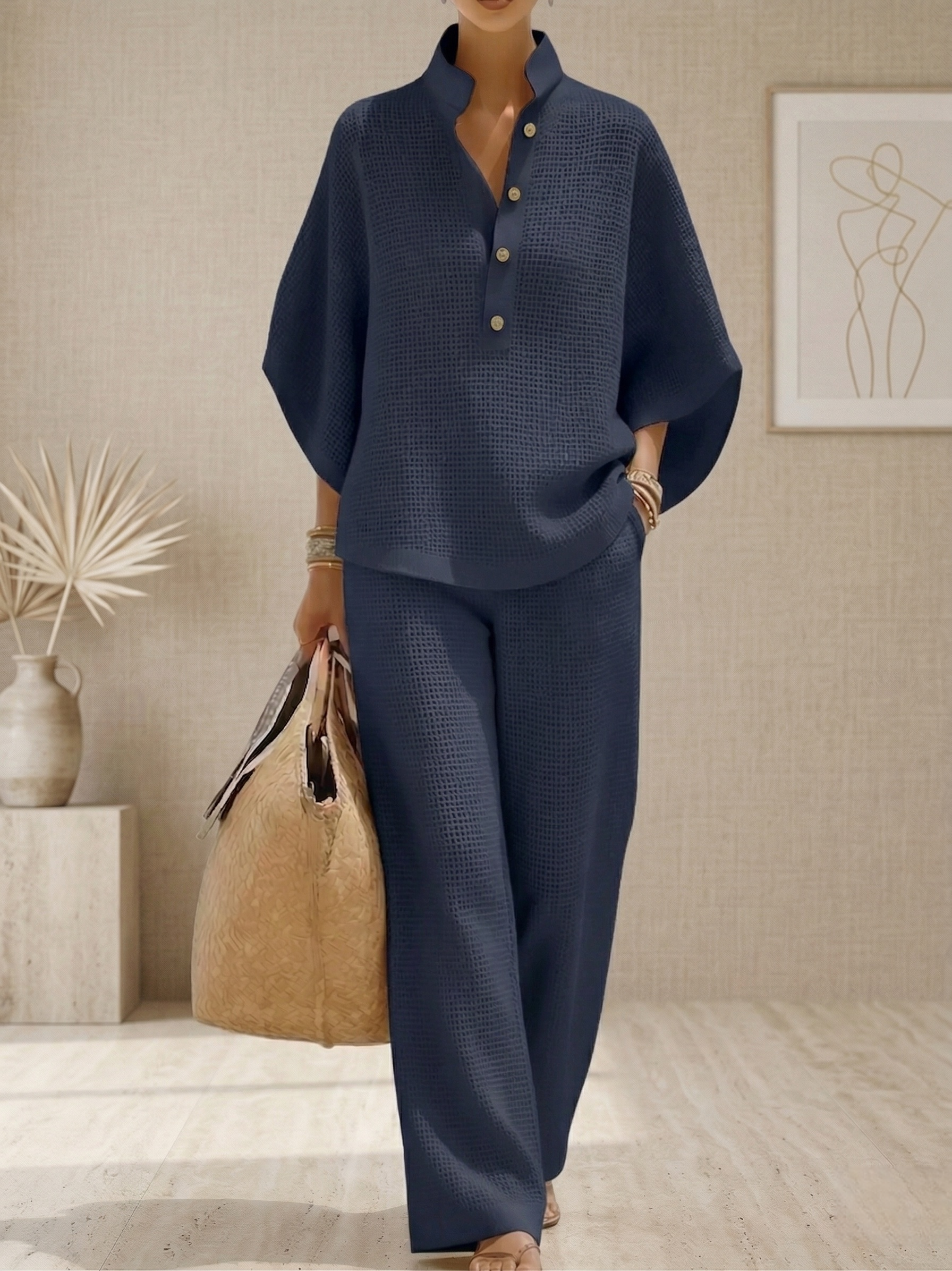 New Arrivals🔥 Women's Waffle Two-Piece Set Casual Shirt & Wide Leg Pants Outfit