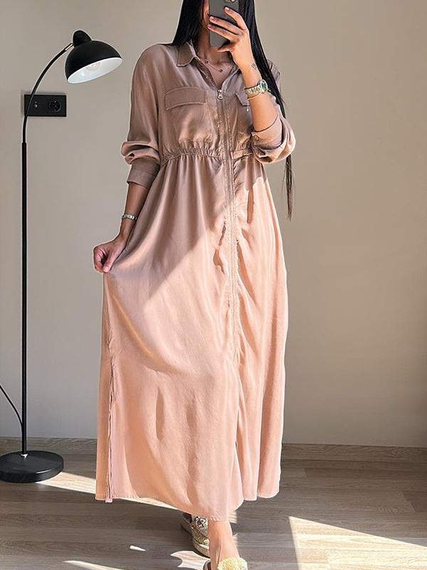 CLEARANCE🔥 Lapel Zipper Elastic Waist Pocket Dress