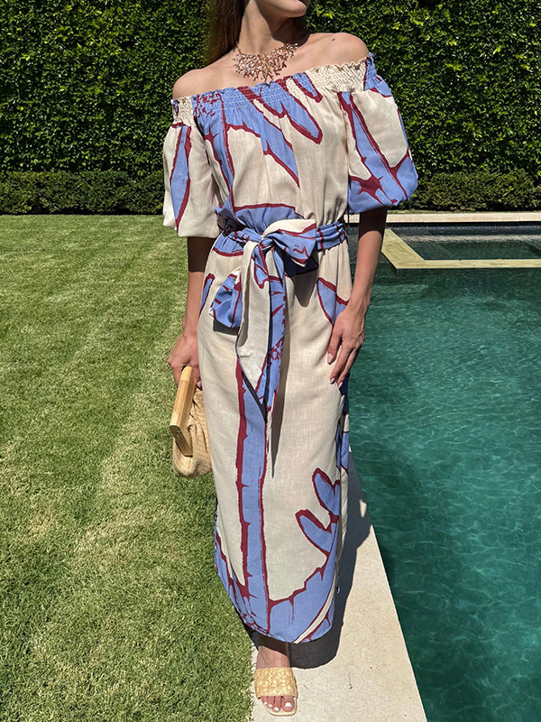 NEW🔥 Linen Tie Bubble Sleeve Printed Dress