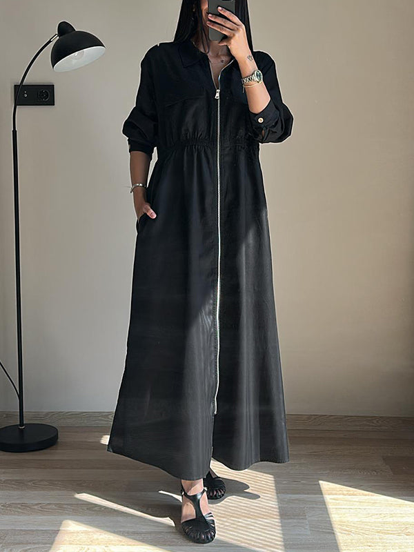 CLEARANCE🔥 Lapel Zipper Elastic Waist Pocket Dress