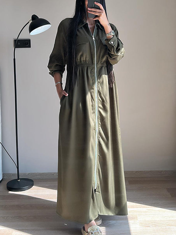 CLEARANCE🔥 Lapel Zipper Elastic Waist Pocket Dress