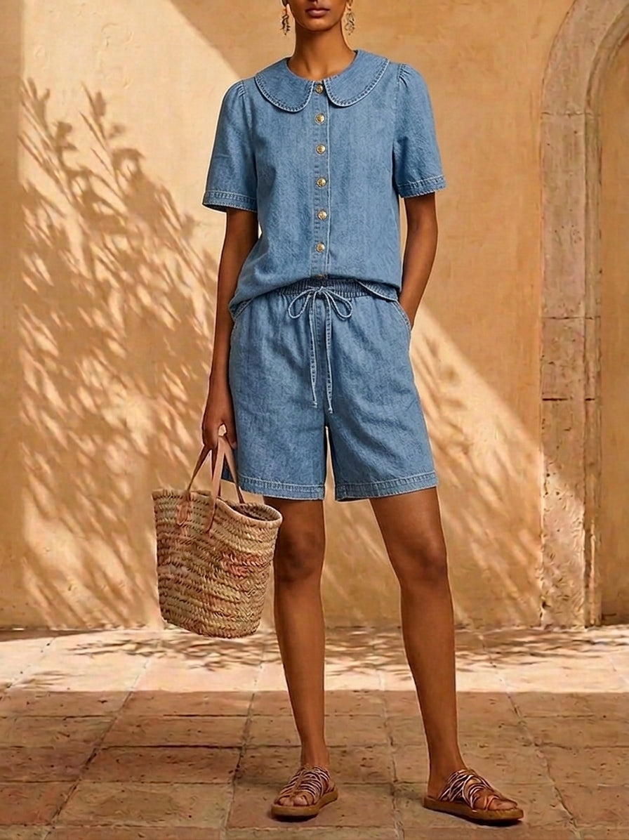 New Arrivals🔥 Stylish Peter Pan Collar Short Shirt and Wide-leg Short Pant Denim Two-piece Set