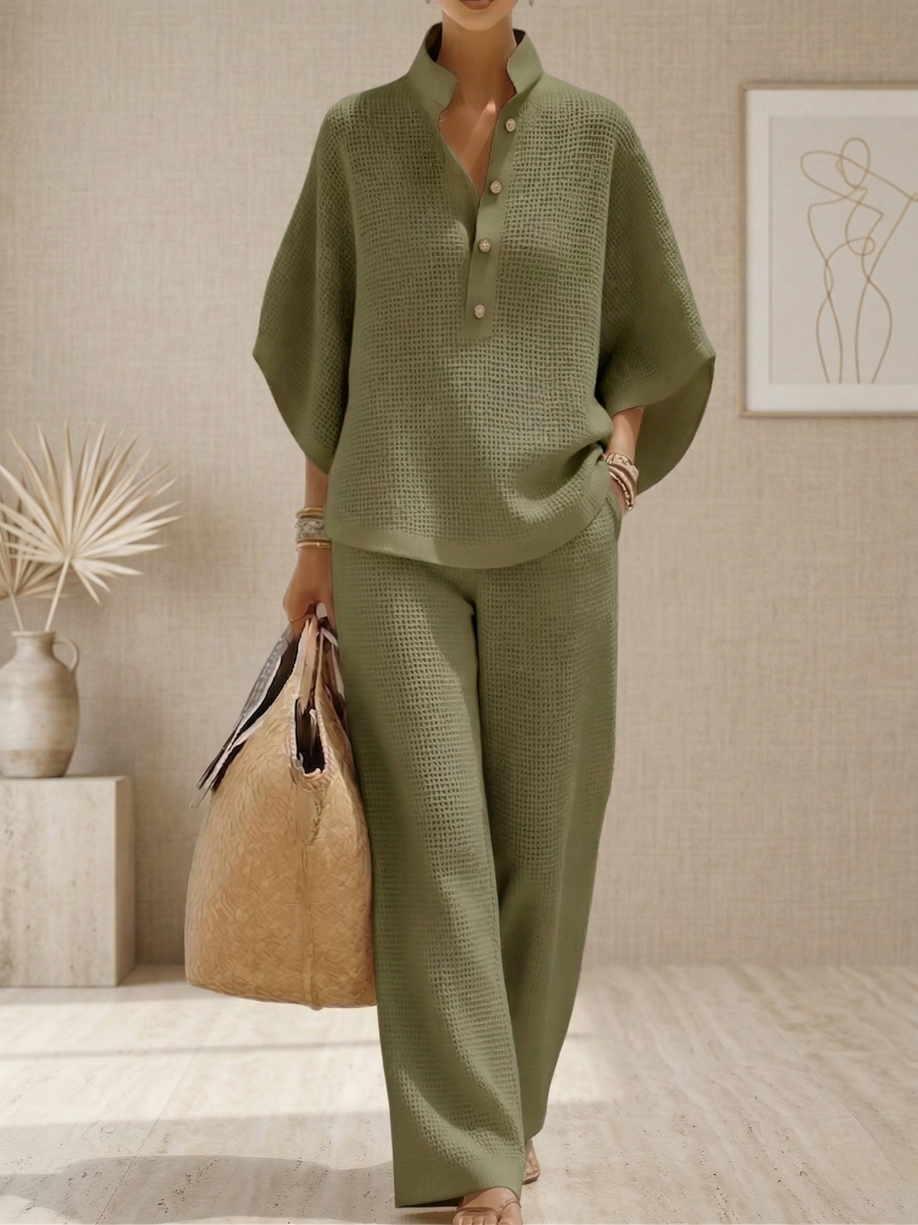 New Arrivals🔥 Women's Waffle Two-Piece Set Casual Shirt & Wide Leg Pants Outfit