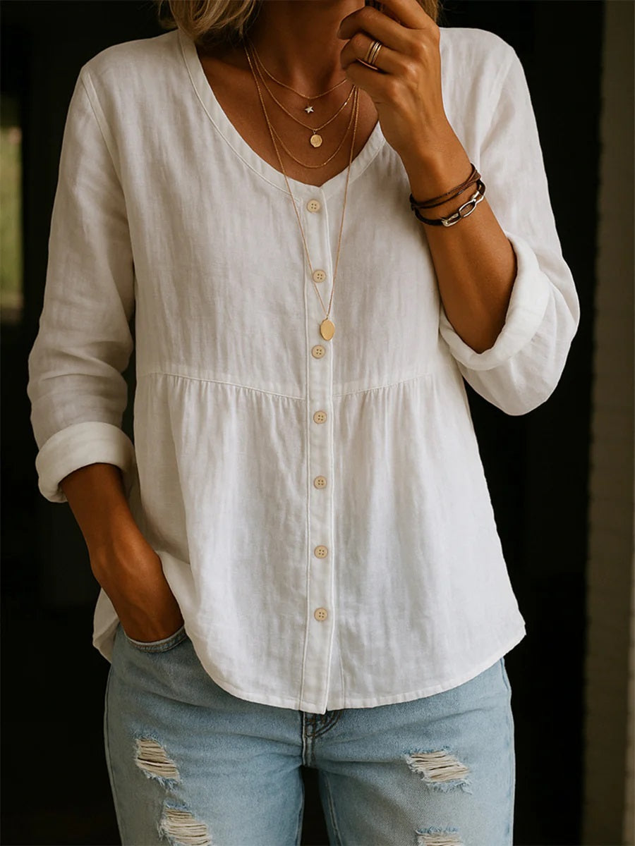 New Arrivals🔥 Women's Linen Cotton Blend Shirt - 3/4 Sleeve Crew Neck Loose Hip-Length Casual Blouse