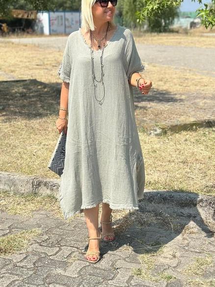 CLEARANCE 🔥 Vintage Tassel Trimmed Cotton Linen Dress