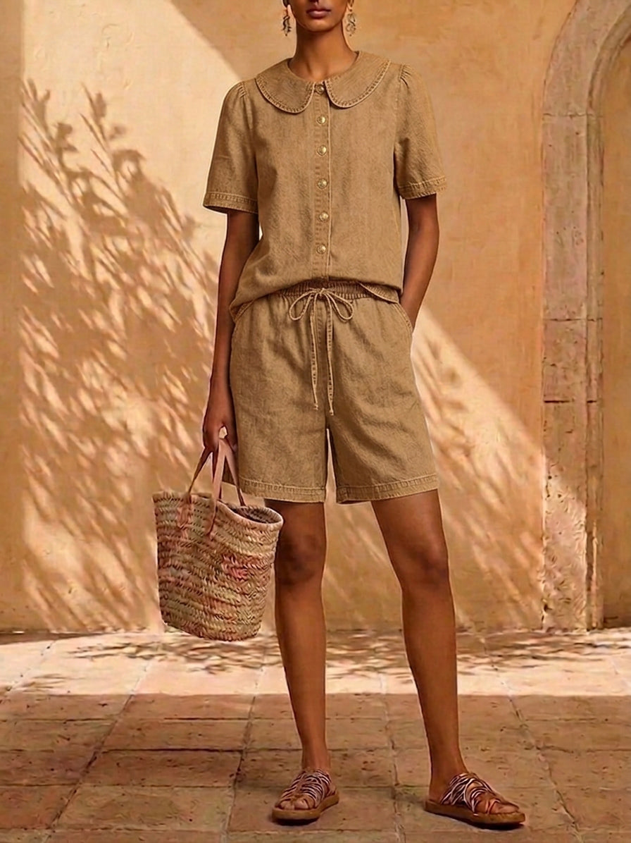 New Arrivals🔥 Stylish Peter Pan Collar Short Shirt and Wide-leg Short Pant Denim Two-piece Set
