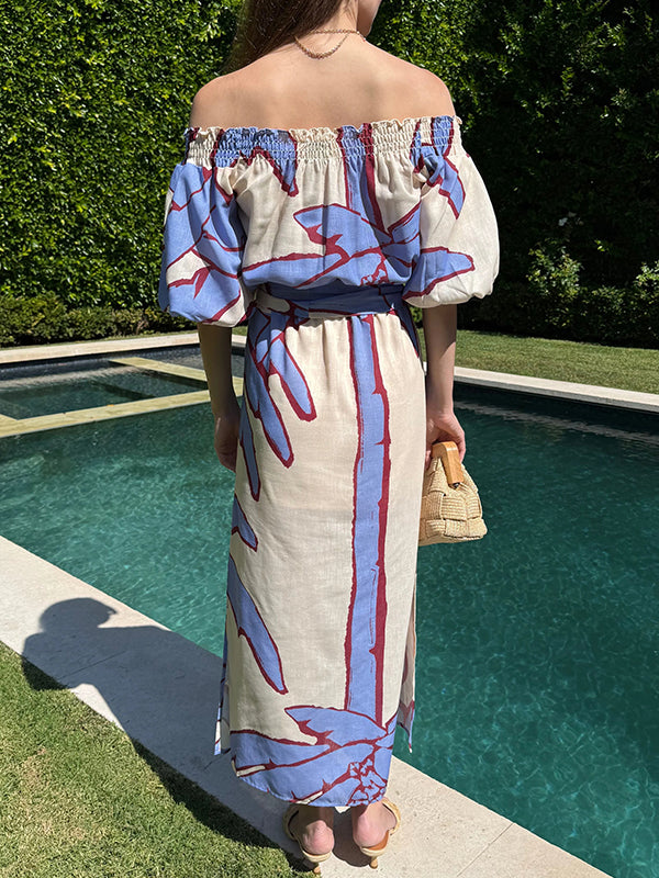 NEW🔥 Linen Tie Bubble Sleeve Printed Dress
