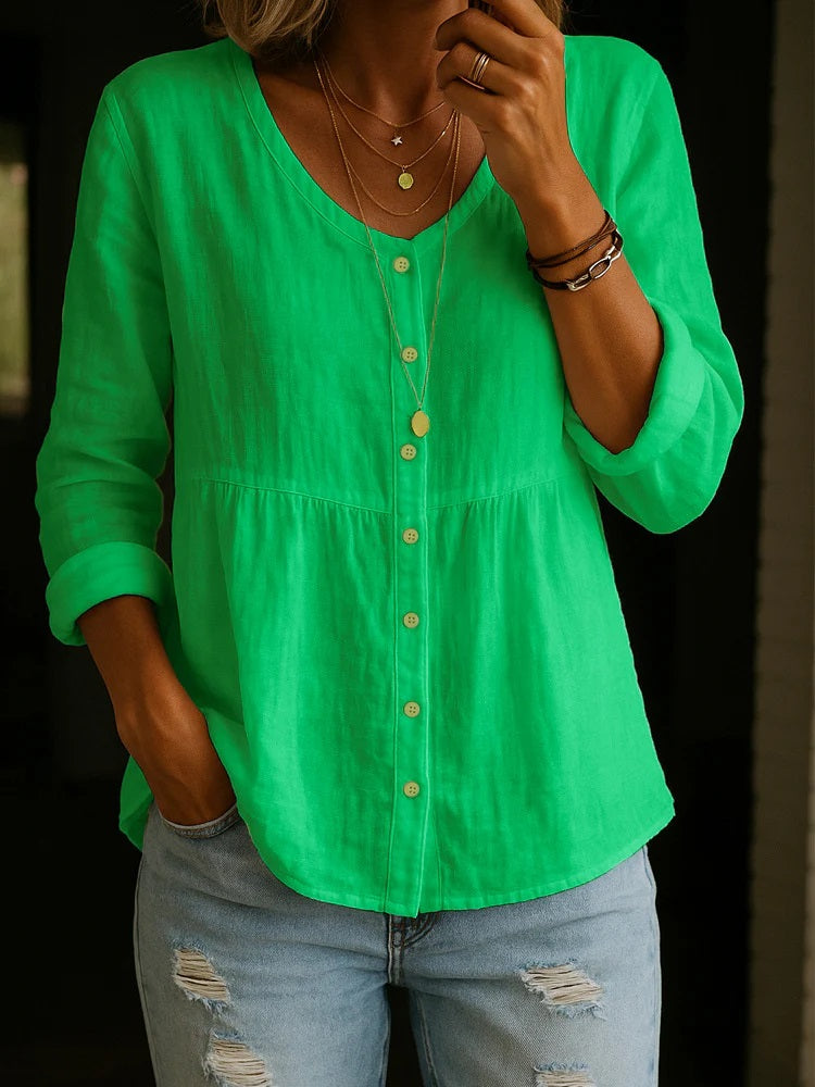 New Arrivals🔥 Women's Linen Cotton Blend Shirt - 3/4 Sleeve Crew Neck Loose Hip-Length Casual Blouse