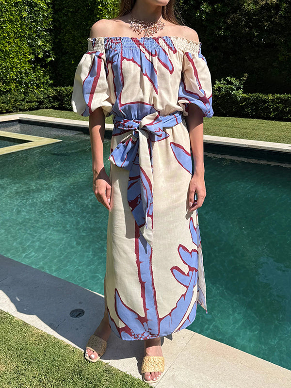 NEW🔥 Linen Tie Bubble Sleeve Printed Dress