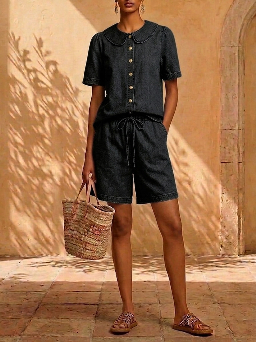 New Arrivals🔥 Stylish Peter Pan Collar Short Shirt and Wide-leg Short Pant Denim Two-piece Set