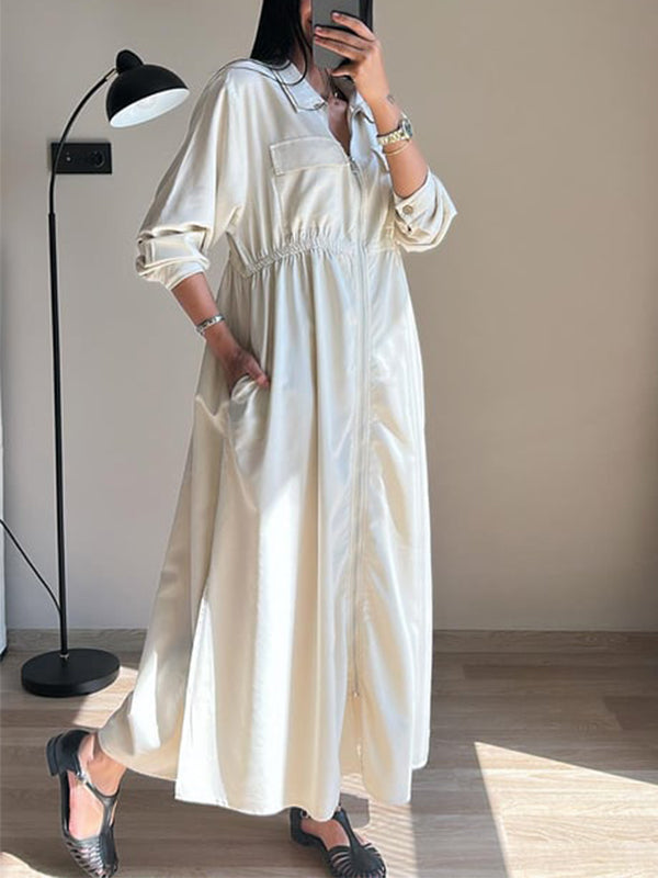CLEARANCE🔥 Lapel Zipper Elastic Waist Pocket Dress