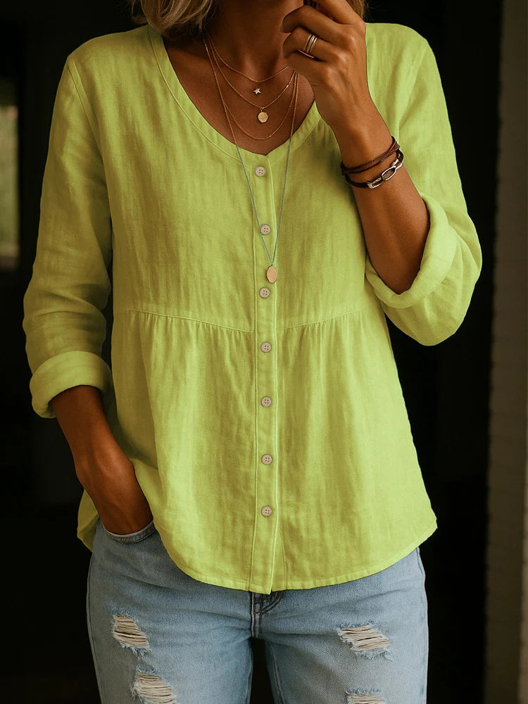 New Arrivals🔥 Women's Linen Cotton Blend Shirt - 3/4 Sleeve Crew Neck Loose Hip-Length Casual Blouse