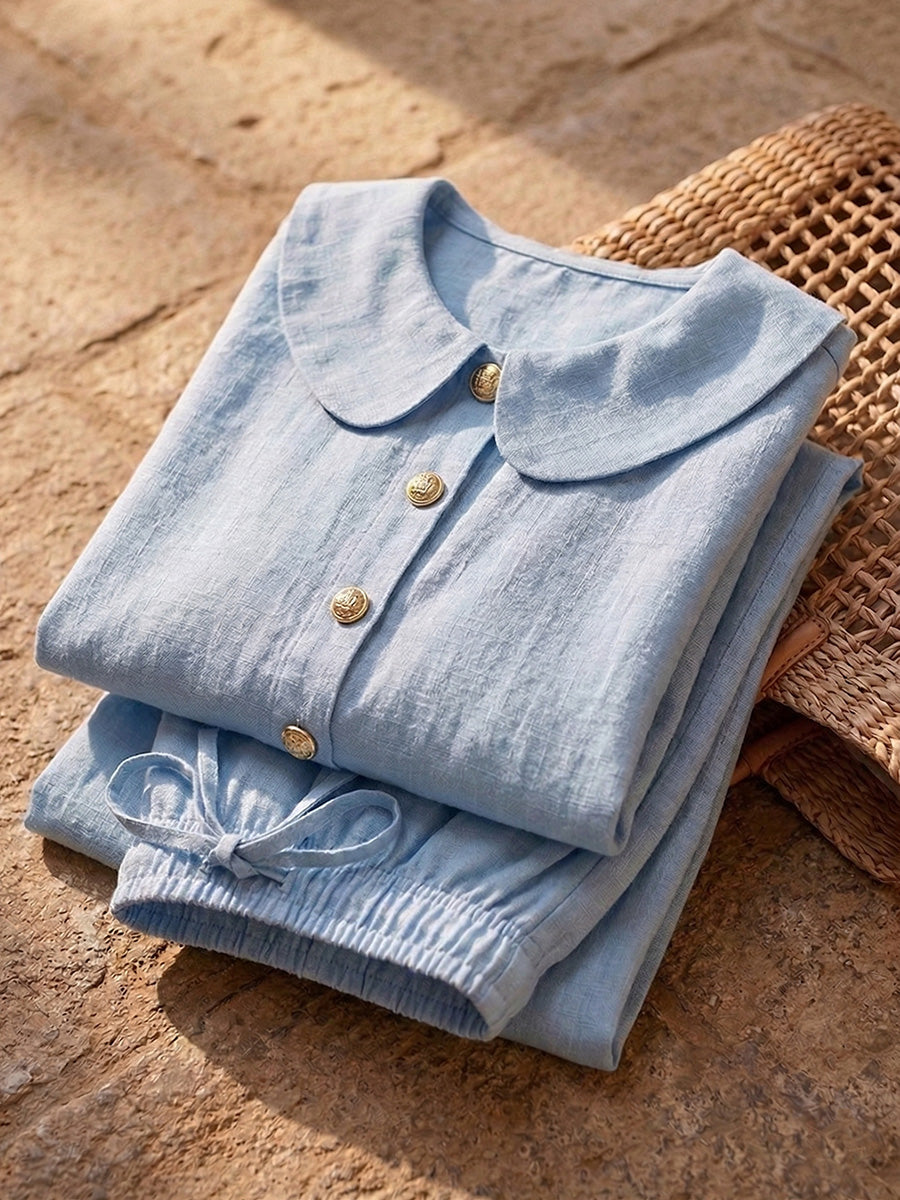New Arrivals🔥 Stylish Peter Pan Collar Short Shirt and Wide-leg Short Pant Linen Two-piece Set
