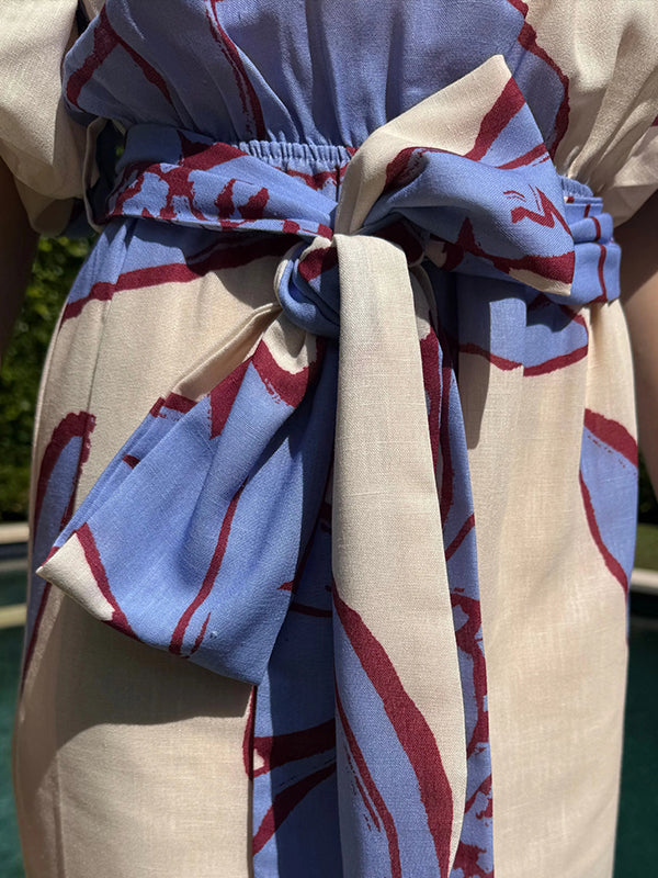 NEW🔥 Linen Tie Bubble Sleeve Printed Dress