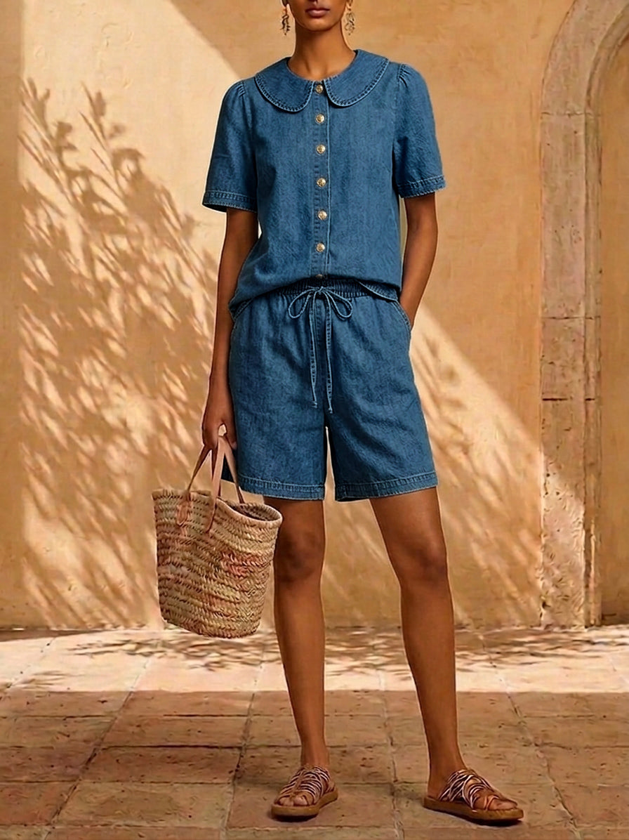 New Arrivals🔥 Stylish Peter Pan Collar Short Shirt and Wide-leg Short Pant Denim Two-piece Set