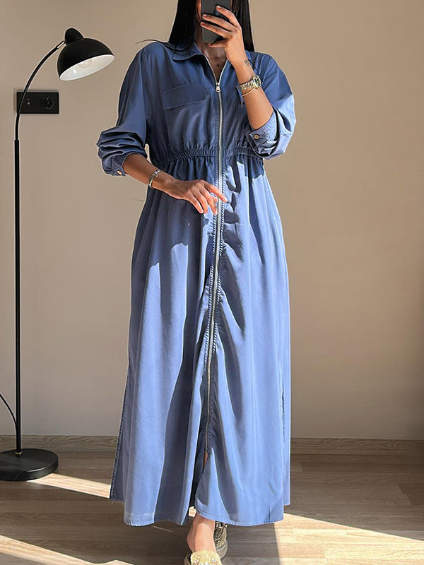 CLEARANCE🔥 Lapel Zipper Elastic Waist Pocket Dress