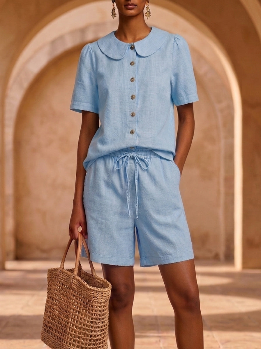 New Arrivals🔥 Stylish Peter Pan Collar Short Shirt and Wide-leg Short Pant Linen Two-piece Set