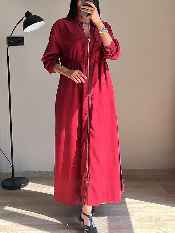 CLEARANCE🔥 Lapel Zipper Elastic Waist Pocket Dress