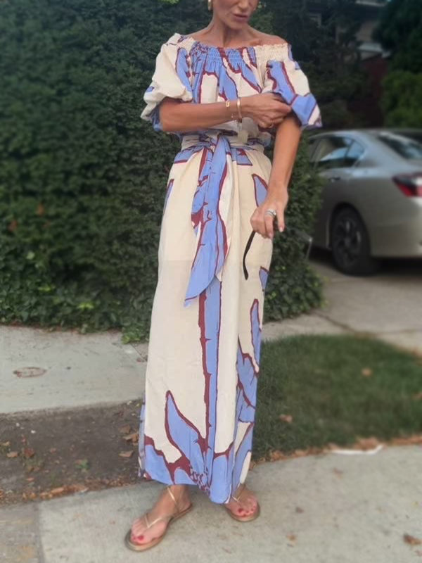 NEW🔥 Linen Tie Bubble Sleeve Printed Dress