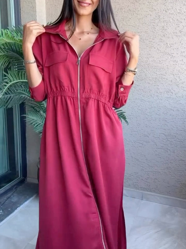 CLEARANCE🔥 Lapel Zipper Elastic Waist Pocket Dress