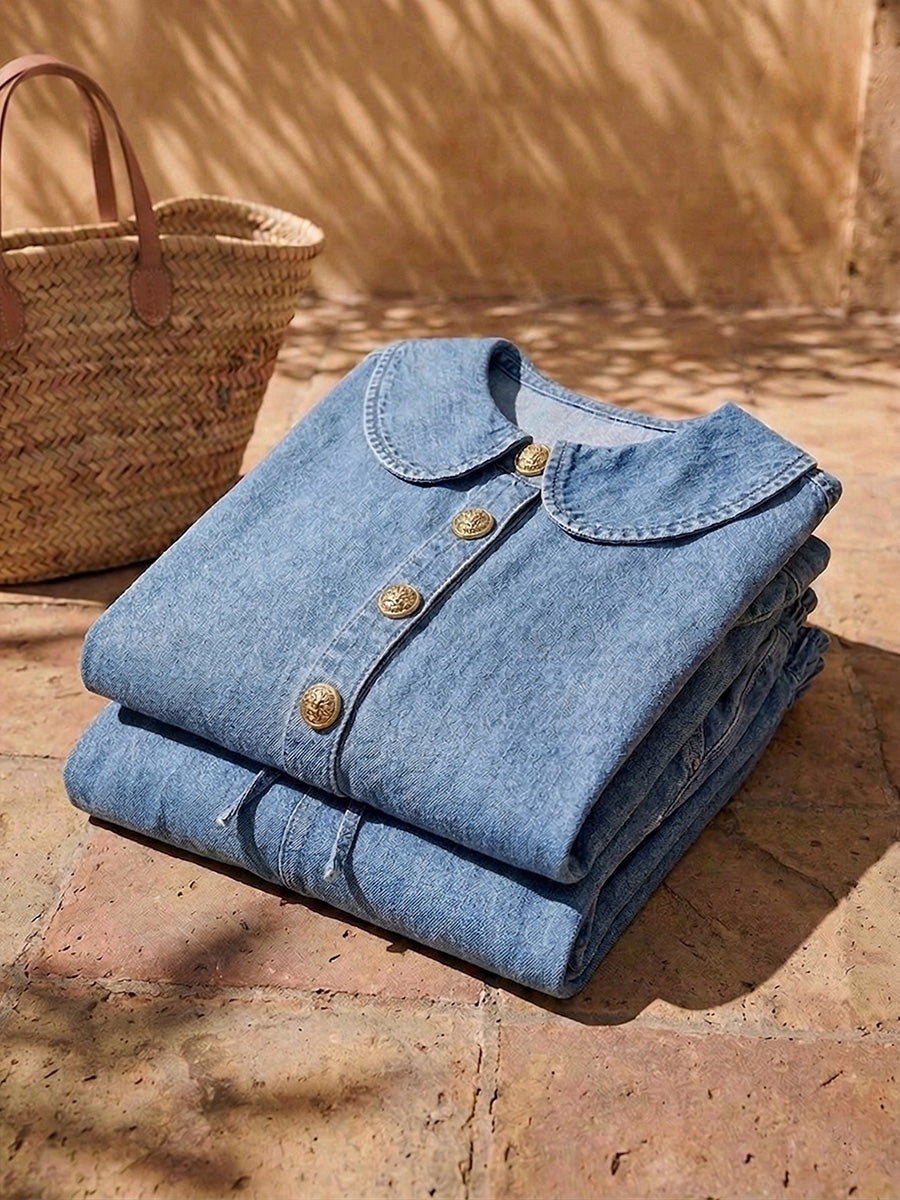 New Arrivals🔥 Stylish Peter Pan Collar Short Shirt and Wide-leg Short Pant Denim Two-piece Set