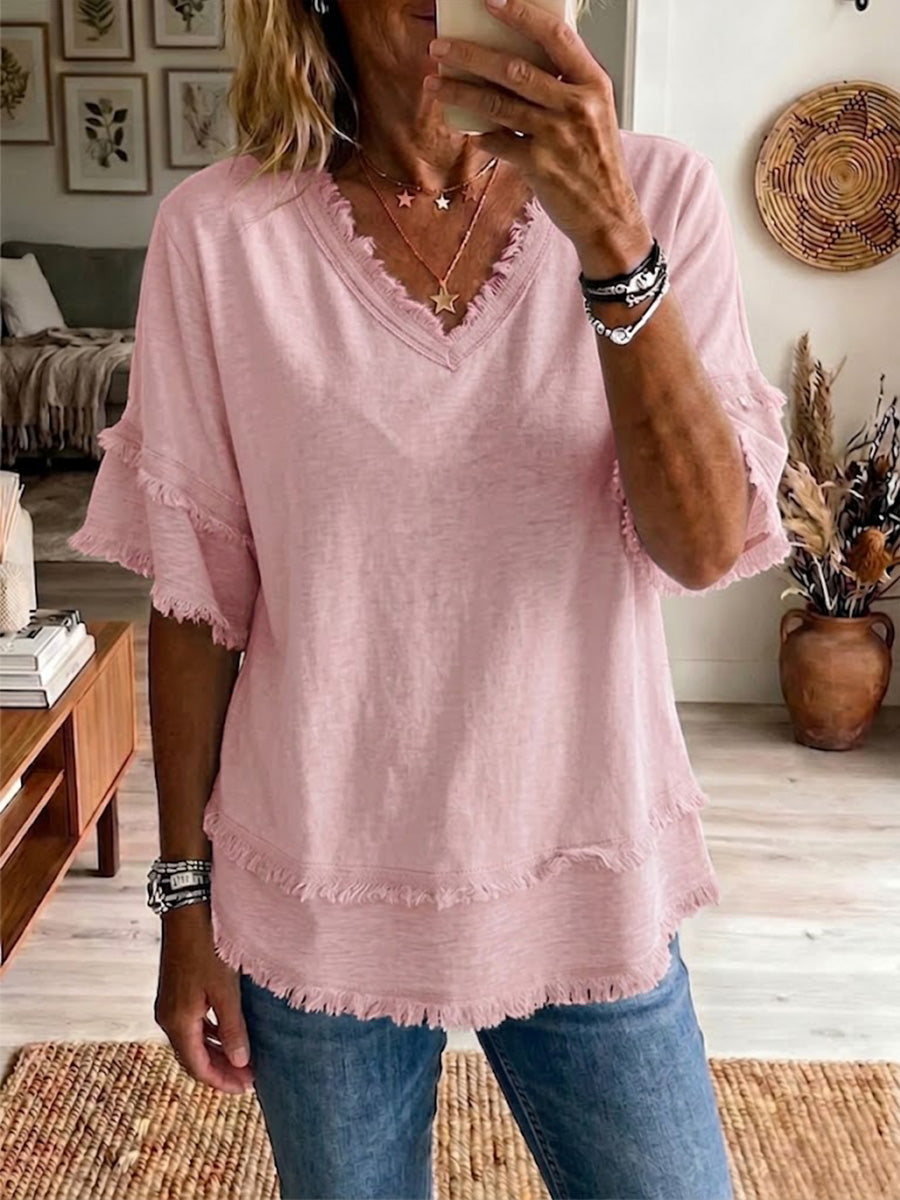 Vintage Frayed V-Neck Linen Top